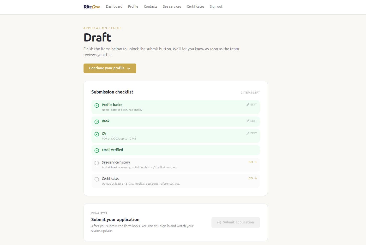 RiteCrew Apply dashboard